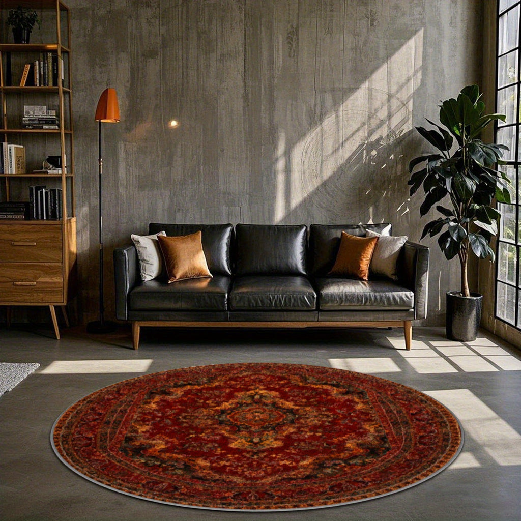 Grand tapis rond rouge brique patiné, Ø 200 cm et lavable