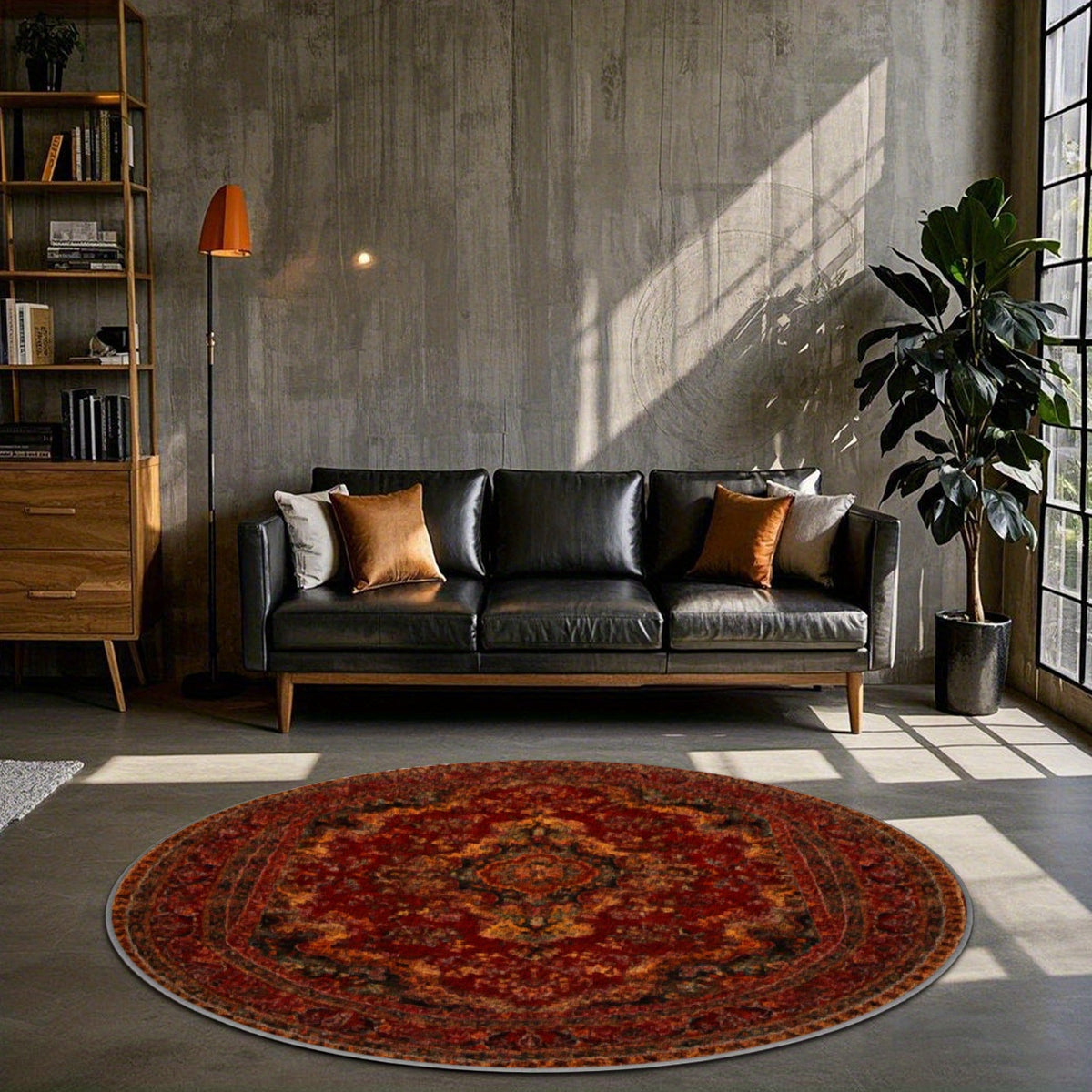 Grand tapis rond rouge brique patiné, Ø 200 cm et lavable