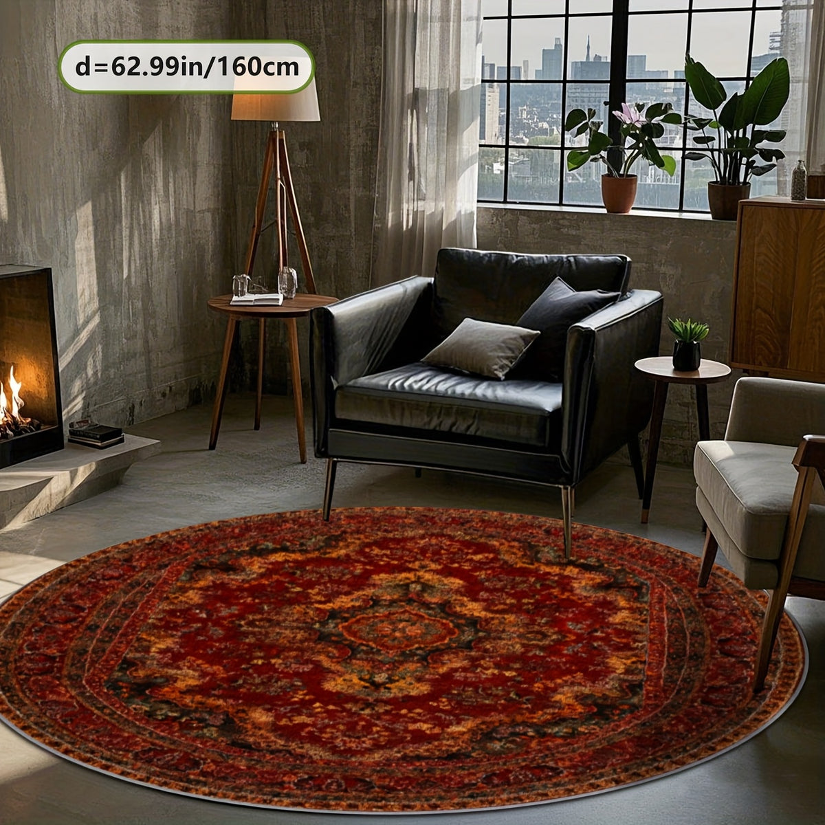 Grand tapis rond rouge brique patiné, Ø 200 cm et lavable