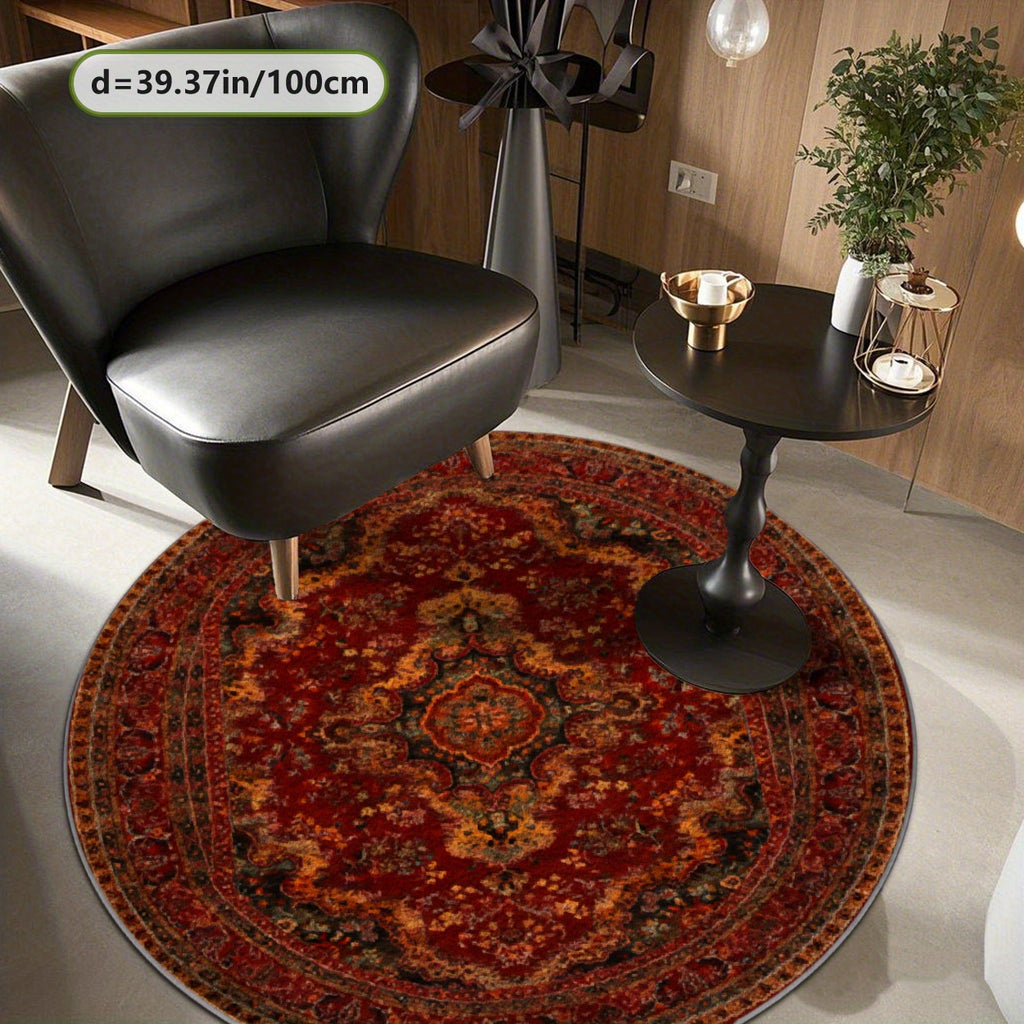 Grand tapis rond rouge brique patiné, Ø 200 cm et lavable