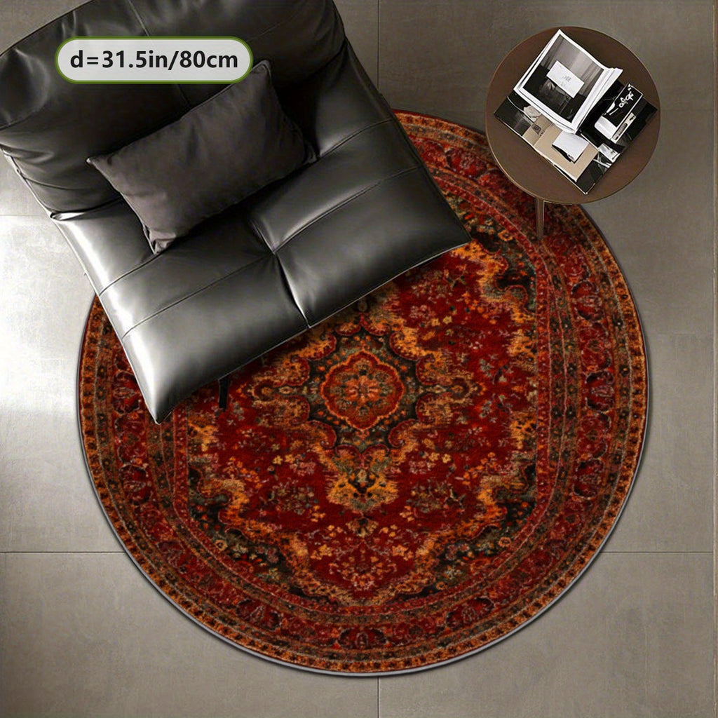 Grand tapis rond rouge brique patiné, Ø 200 cm et lavable