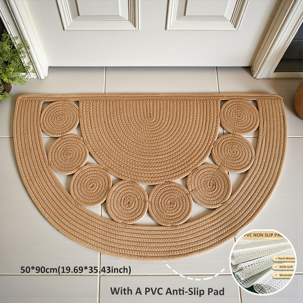 Paillasson demi-cercle bohème en lin tressé, tapis PVC fourni