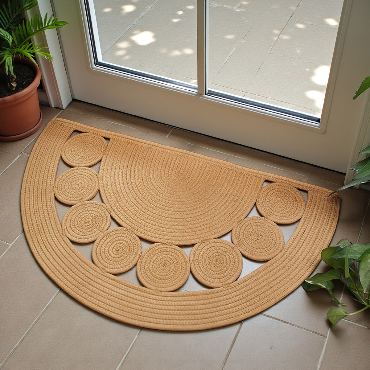Paillasson demi-cercle bohème en lin tressé, tapis PVC fourni
