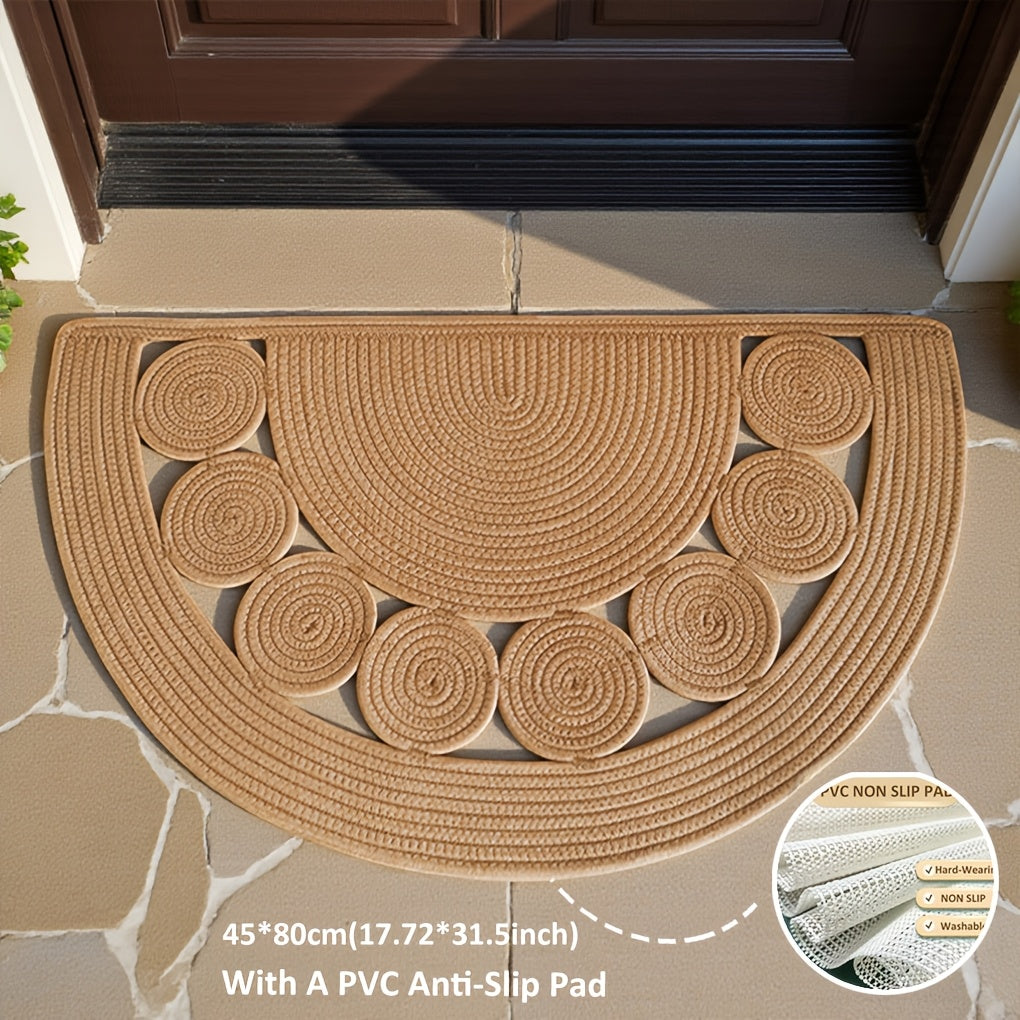 Paillasson demi-cercle bohème en lin tressé, tapis PVC fourni