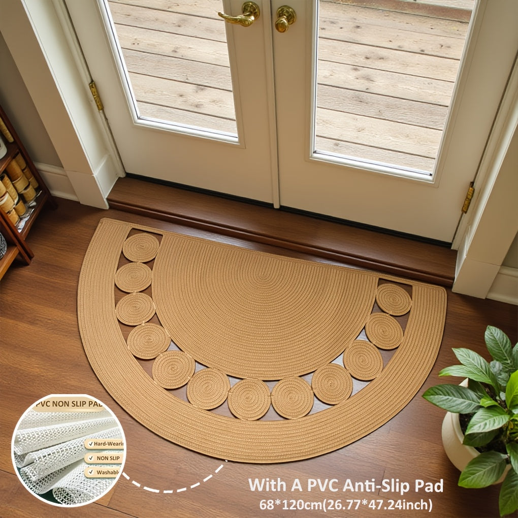 Paillasson demi-cercle bohème en lin tressé, tapis PVC fourni