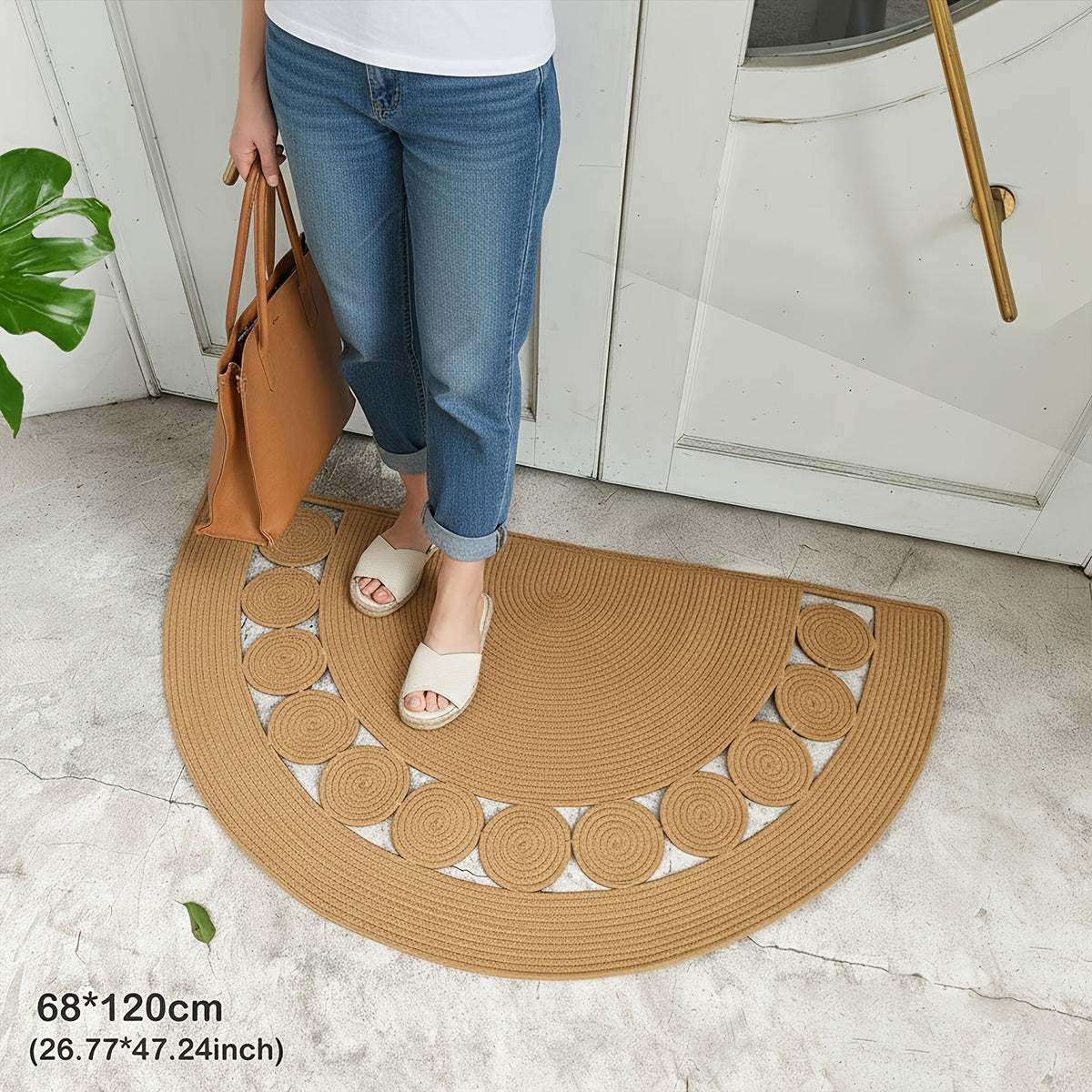 Paillasson demi-cercle bohème en lin tressé, tapis PVC fourni