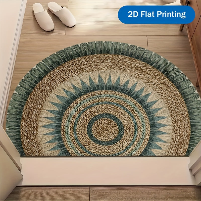 Paillasson demi-cercle imprimé mandala tressé, vert et beige