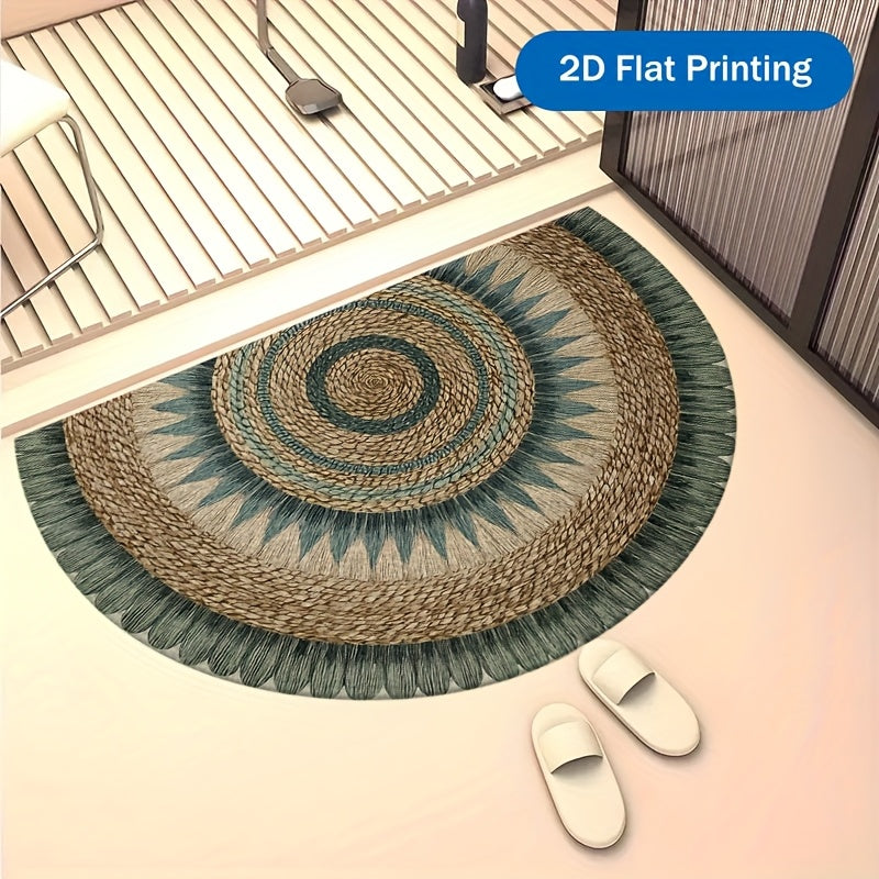 Paillasson demi-cercle imprimé mandala tressé, vert et beige
