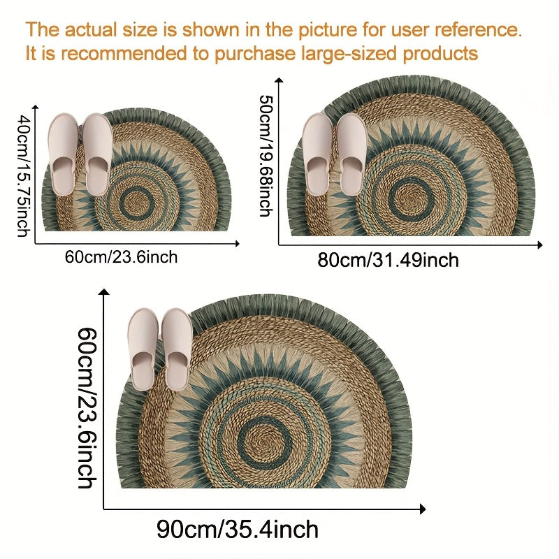 Paillasson demi-cercle imprimé mandala tressé, vert et beige