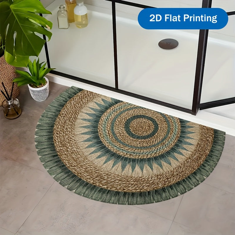 Paillasson demi-cercle imprimé mandala tressé, vert et beige