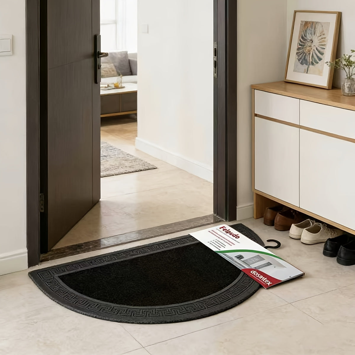 Paillasson rond demi-lune noir à bordure grecque moulée
