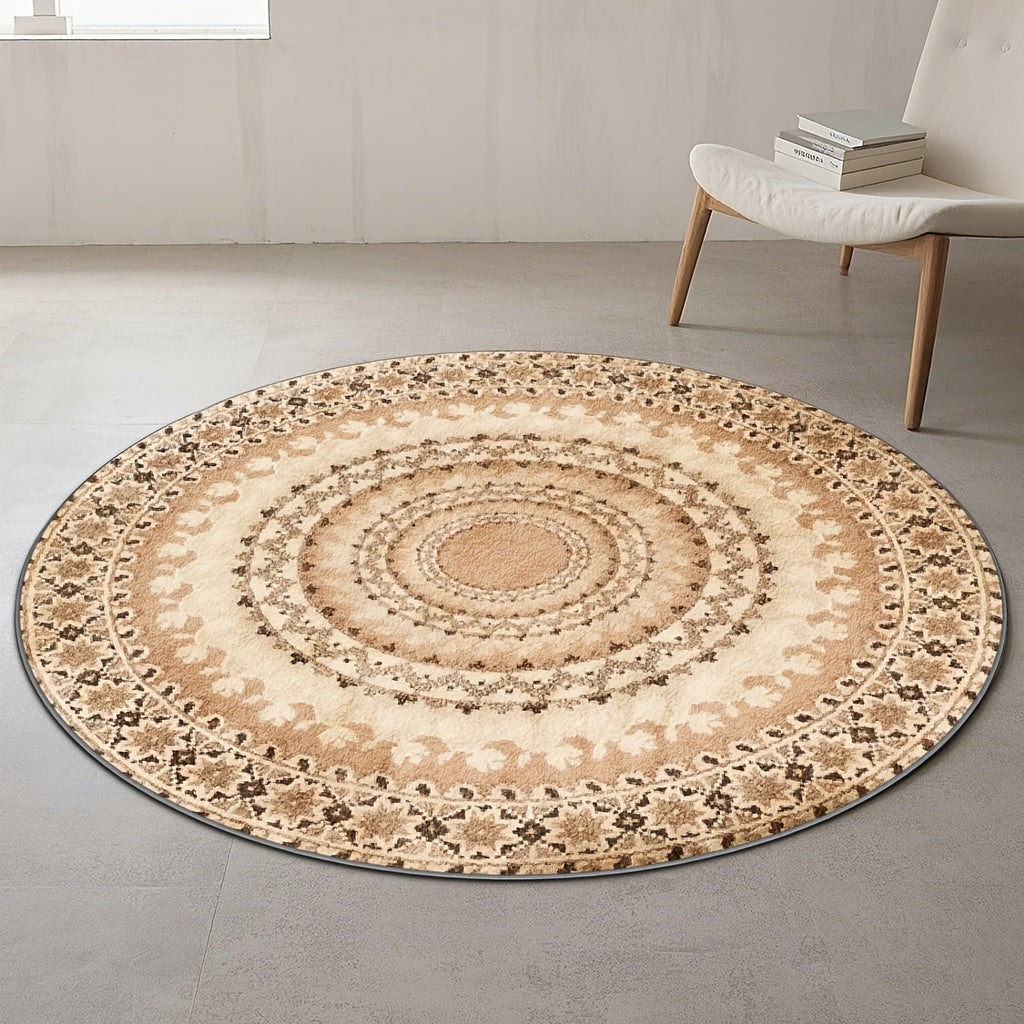 Petit tapis rond beige à médaillon oriental, Ø 80 cm imprimé