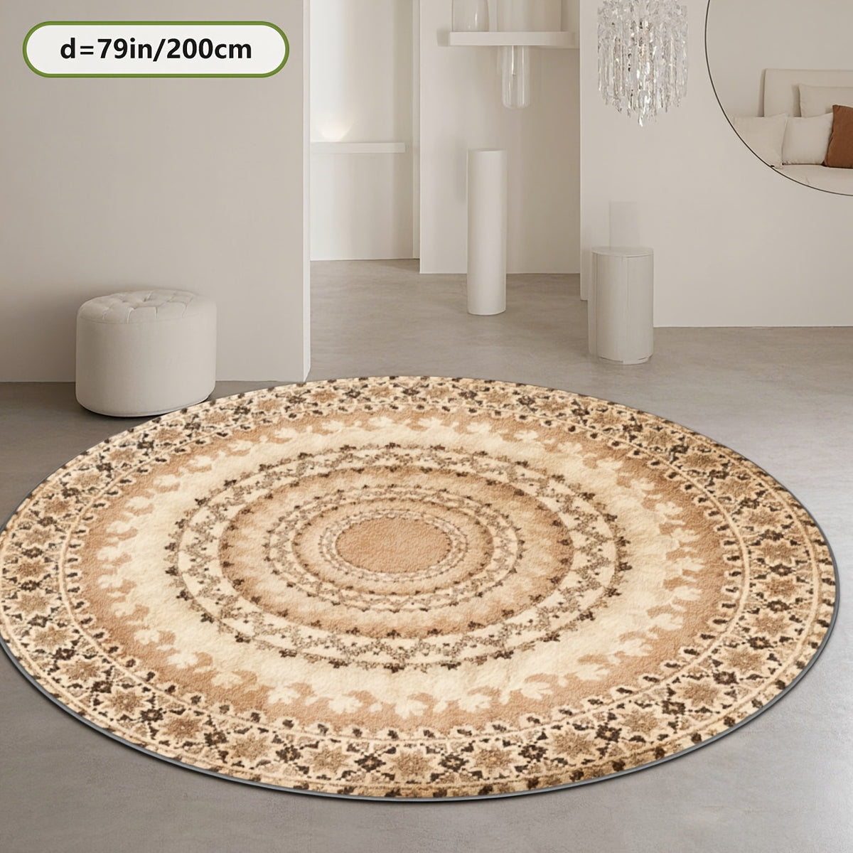 Petit tapis rond beige à médaillon oriental, Ø 80 cm imprimé