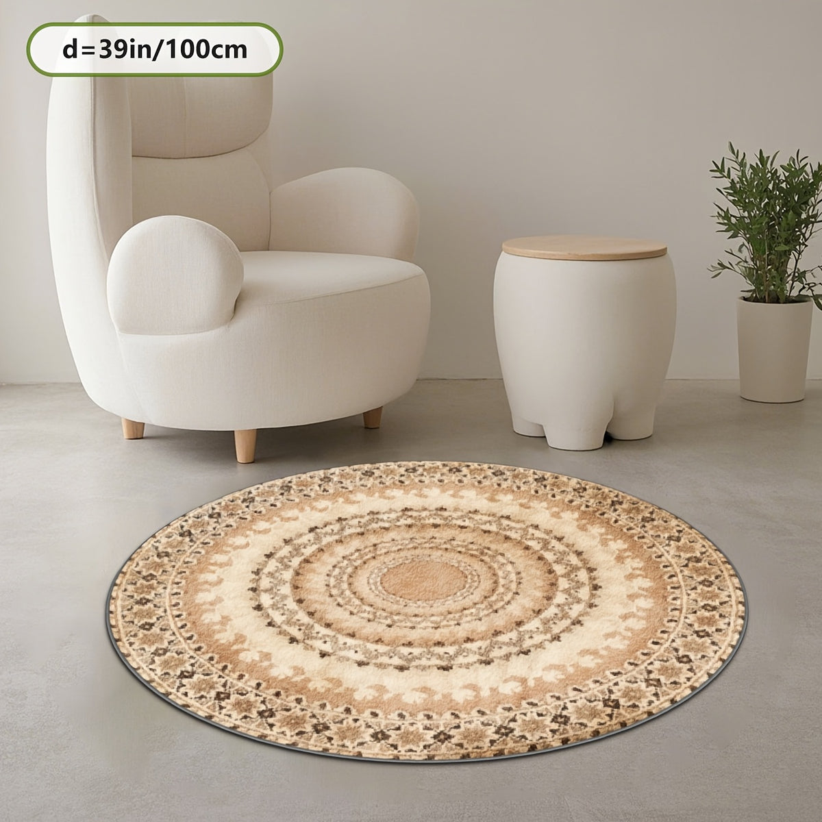 Petit tapis rond beige à médaillon oriental, Ø 80 cm imprimé