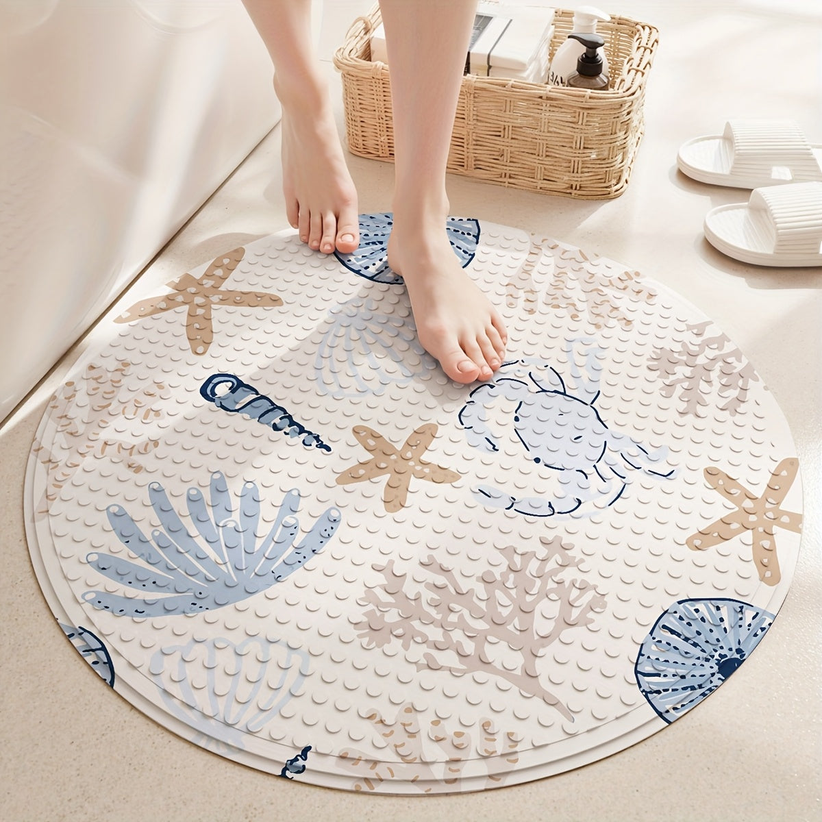 Tapis de baignoire rond à ventouses, motif marin, 55 ou 60 cm