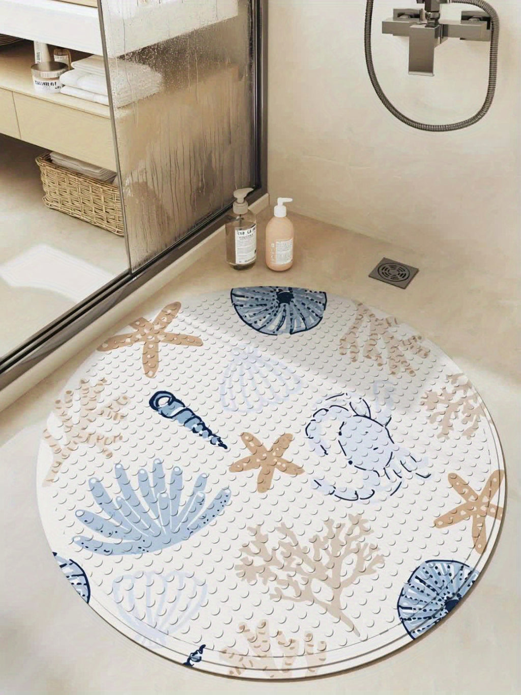 Tapis de baignoire rond à ventouses, motif marin, 55 ou 60 cm