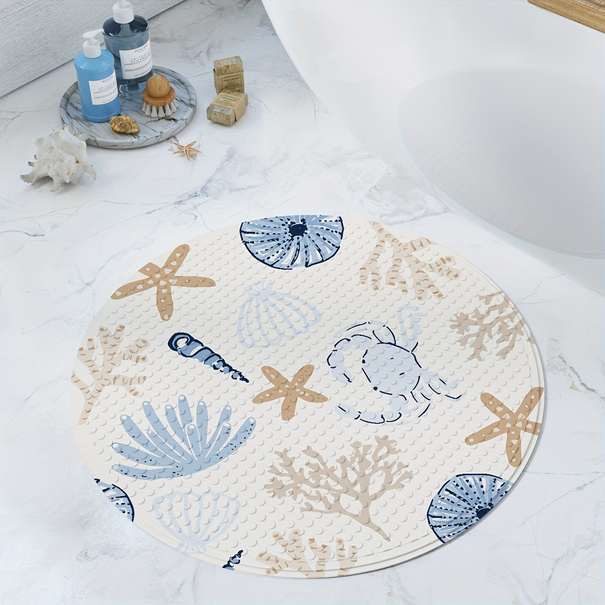 Tapis de baignoire rond à ventouses, motif marin, 55 ou 60 cm