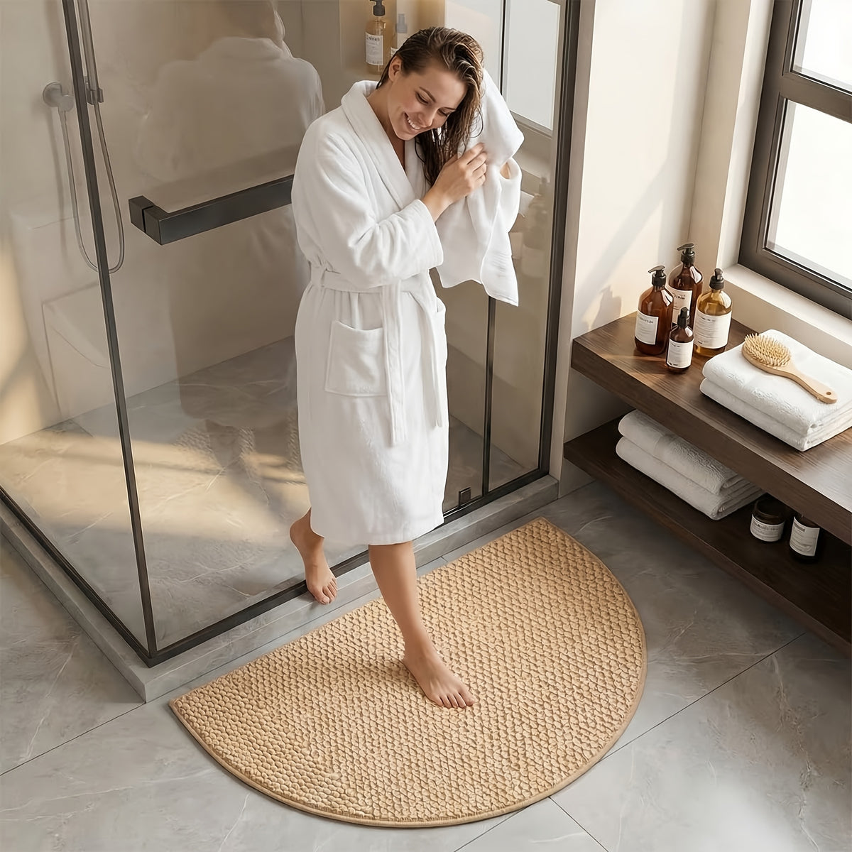 Tapis de bain demi-cercle effet jute, beige ou gris, 4 tailles