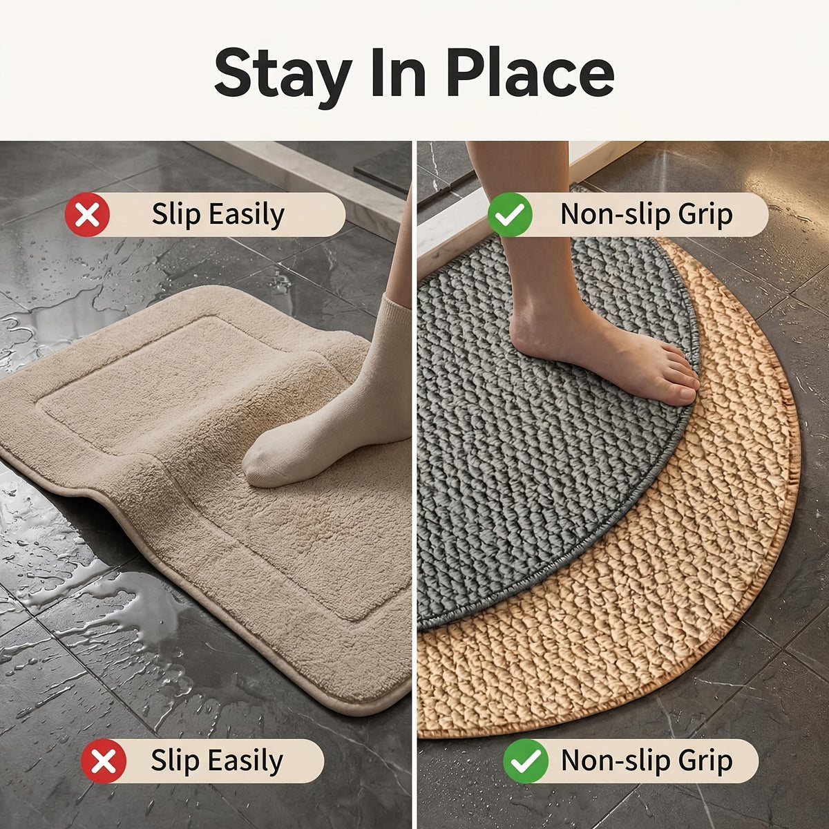 Tapis de bain demi-cercle effet jute, beige ou gris, 4 tailles