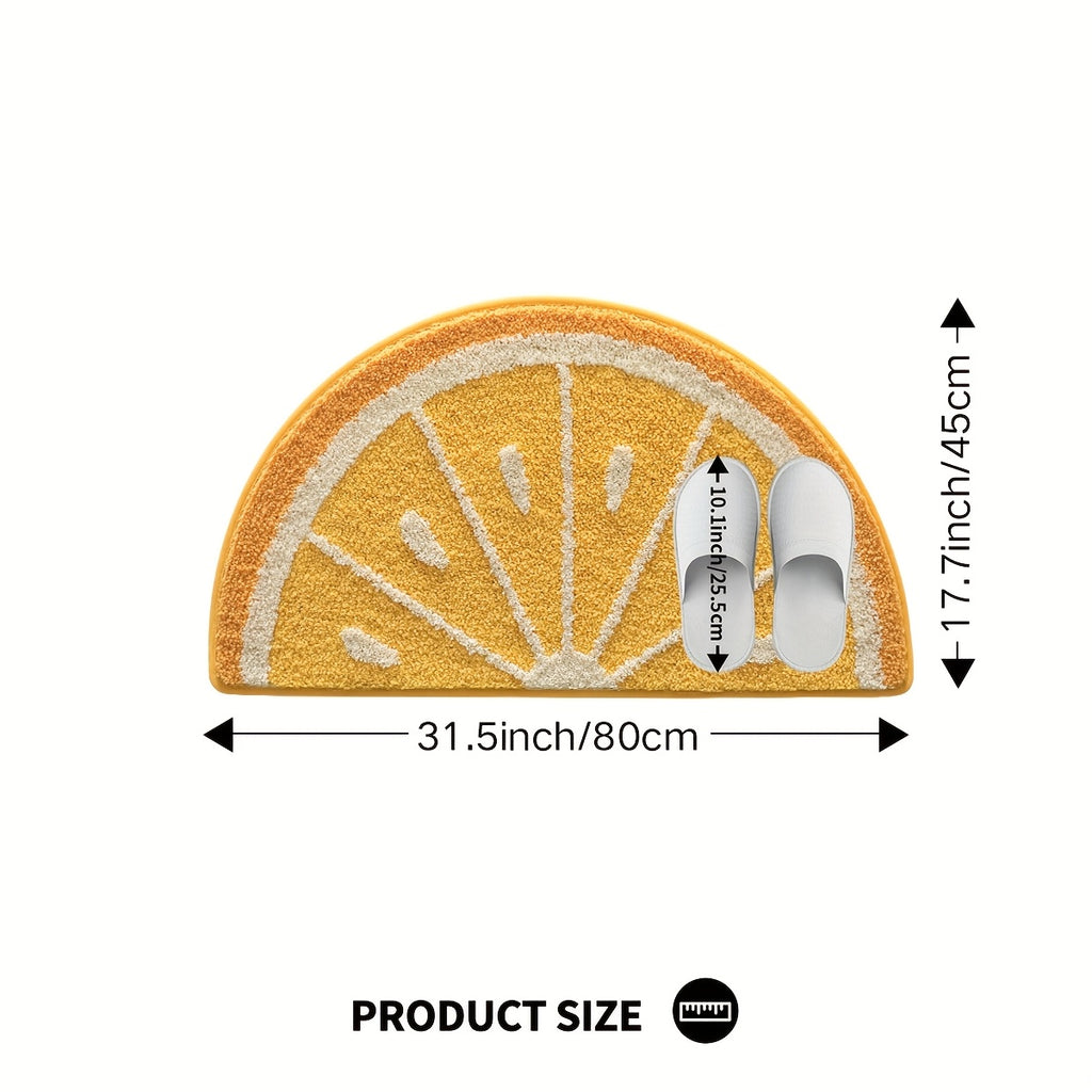Tapis de bain rond jaune motif tranche d'orange, dos TPR