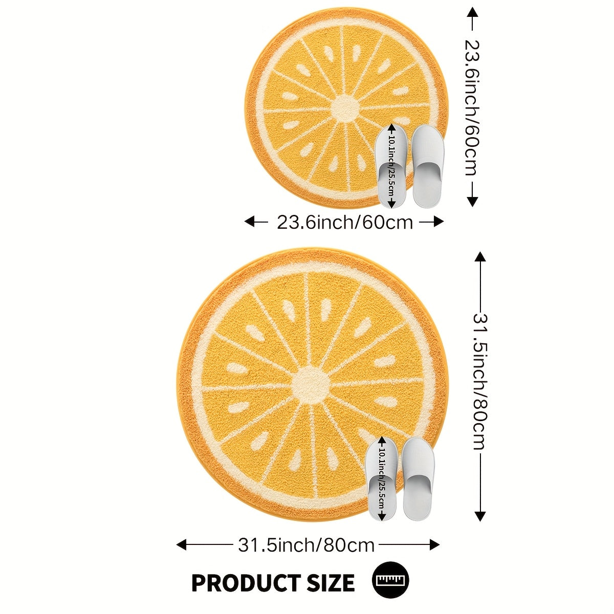 Tapis de bain rond jaune motif tranche d'orange, dos TPR