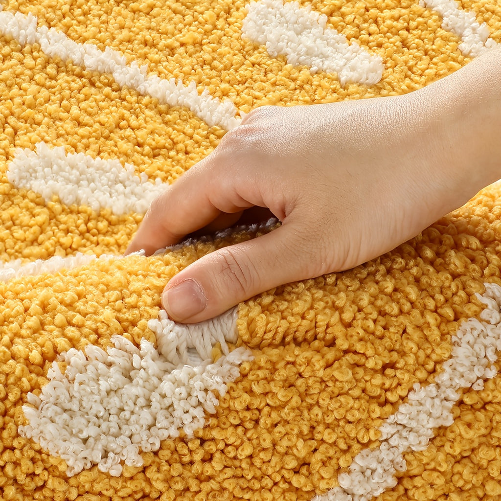 Tapis de bain rond jaune motif tranche d'orange, dos TPR