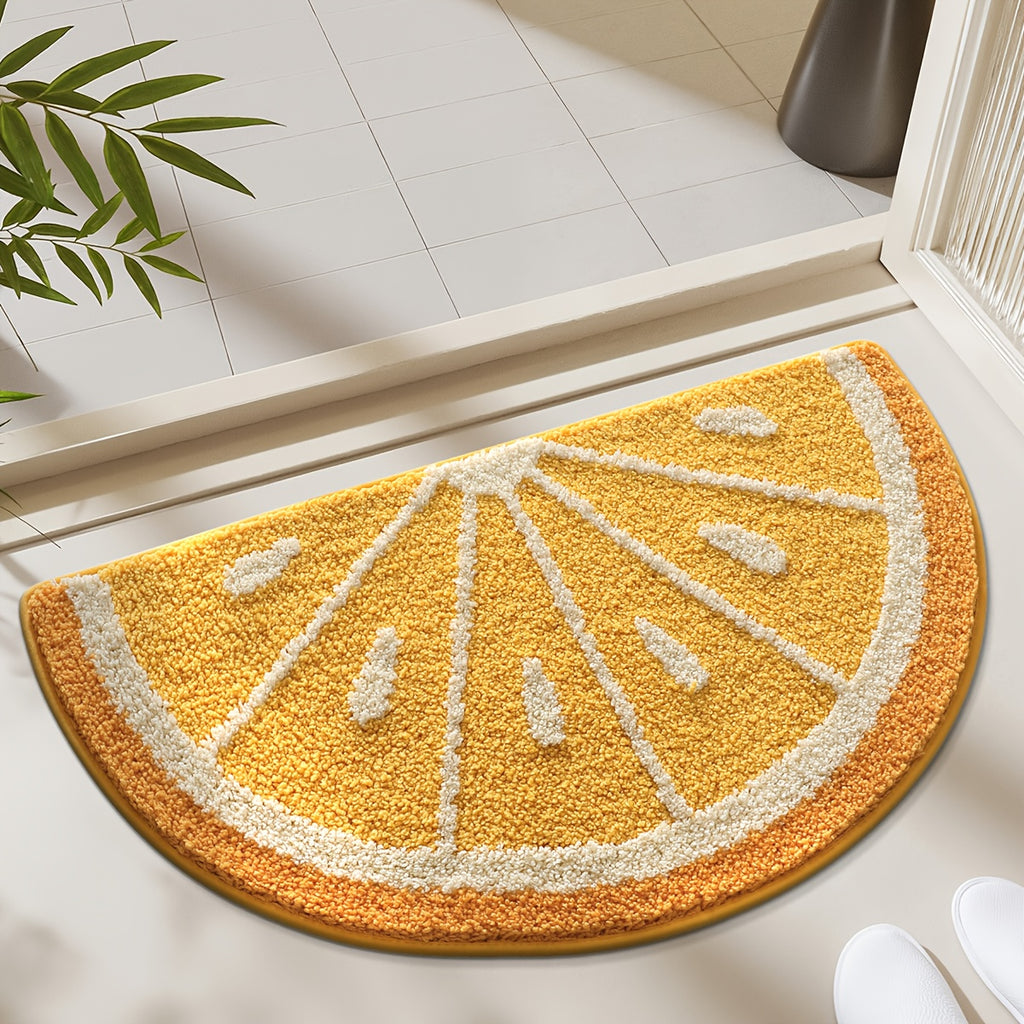 Tapis de bain rond jaune motif tranche d'orange, dos TPR