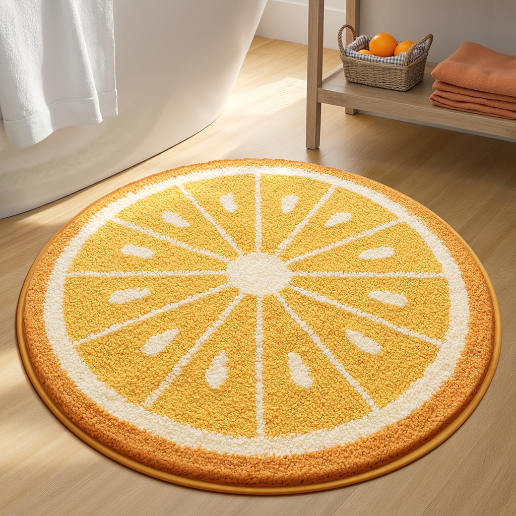 Tapis de bain rond jaune motif tranche d'orange, dos TPR