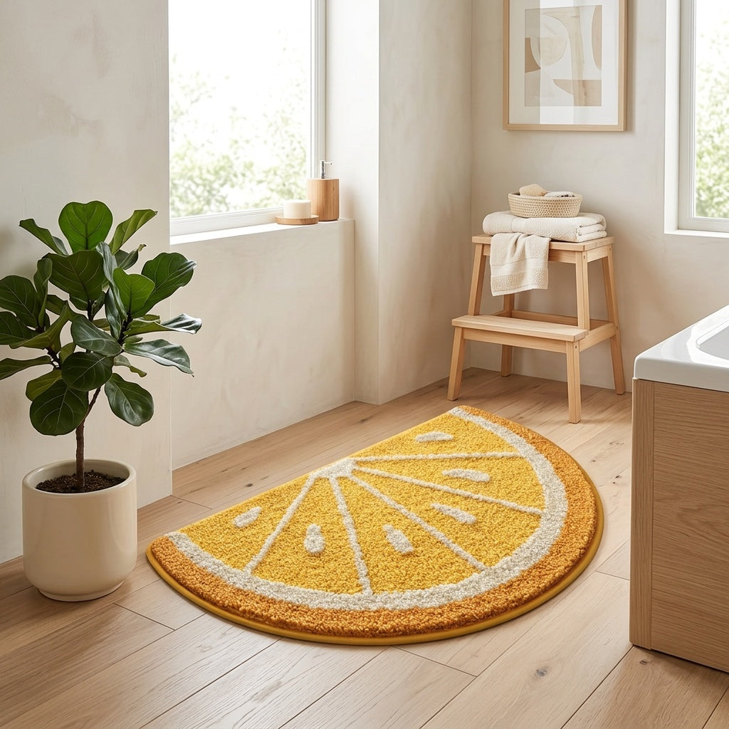 Tapis de bain rond jaune motif tranche d'orange, dos TPR