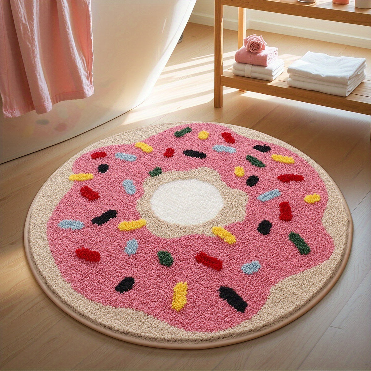 Tapis de bain rond en beignet rose glacé, Ø 60 ou 80 cm