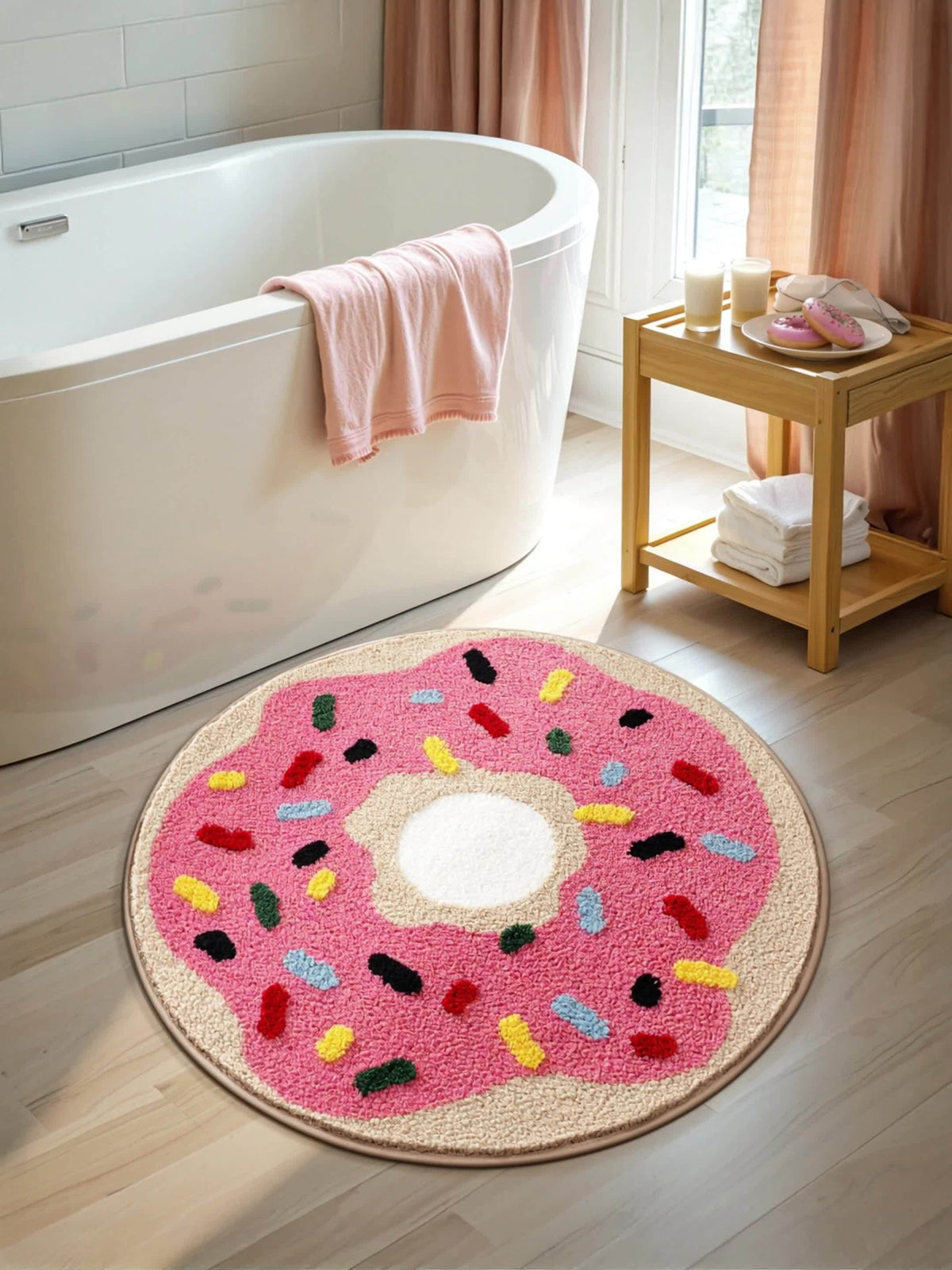 Tapis de bain rond en beignet rose glacé, Ø 60 ou 80 cm