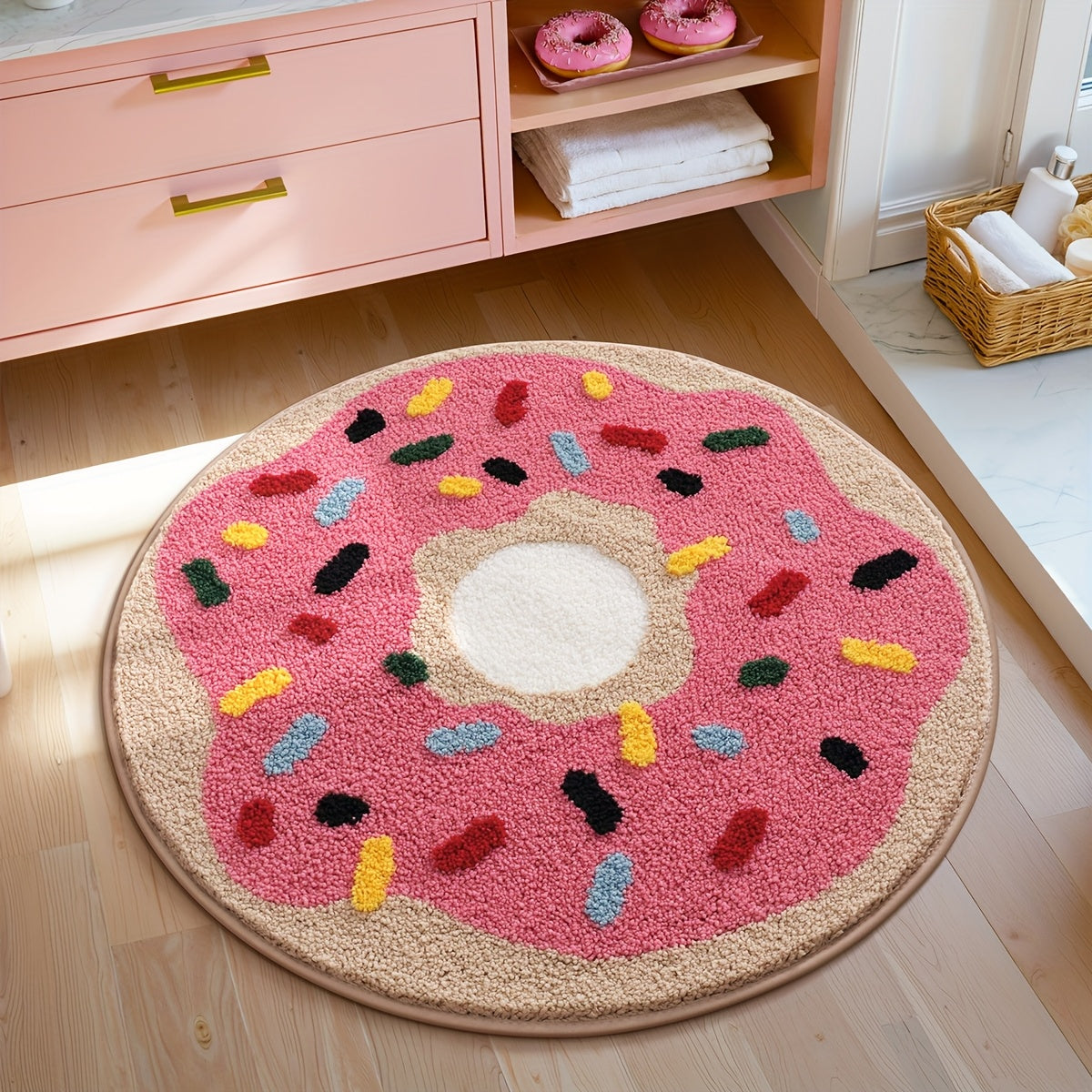 Tapis de bain rond en beignet rose glacé, Ø 60 ou 80 cm