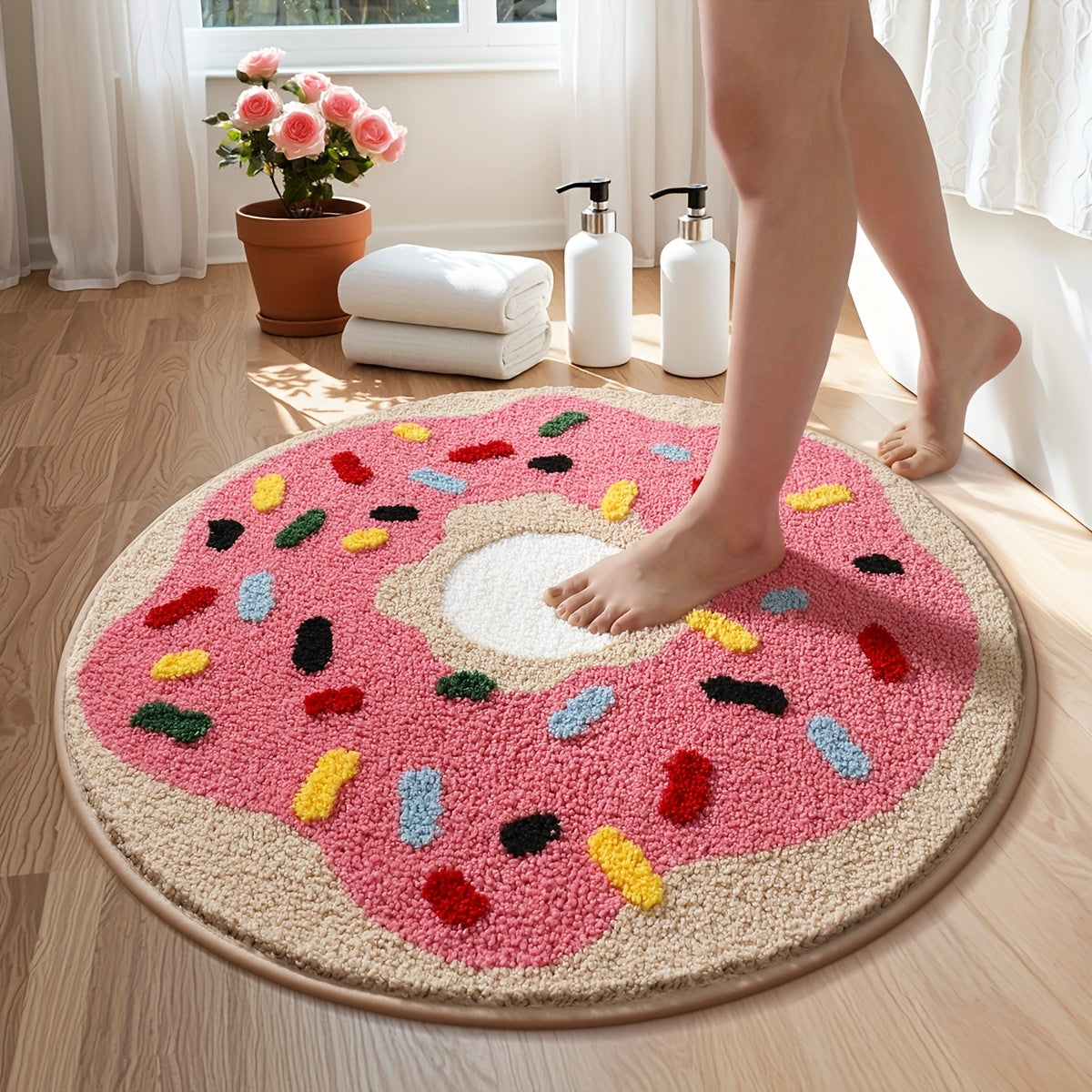 Tapis de bain rond en beignet rose glacé, Ø 60 ou 80 cm
