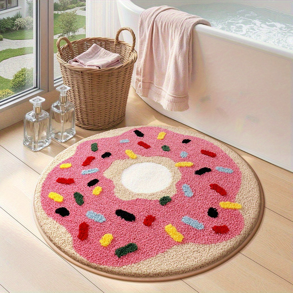 Tapis de bain rond en beignet rose glacé, Ø 60 ou 80 cm