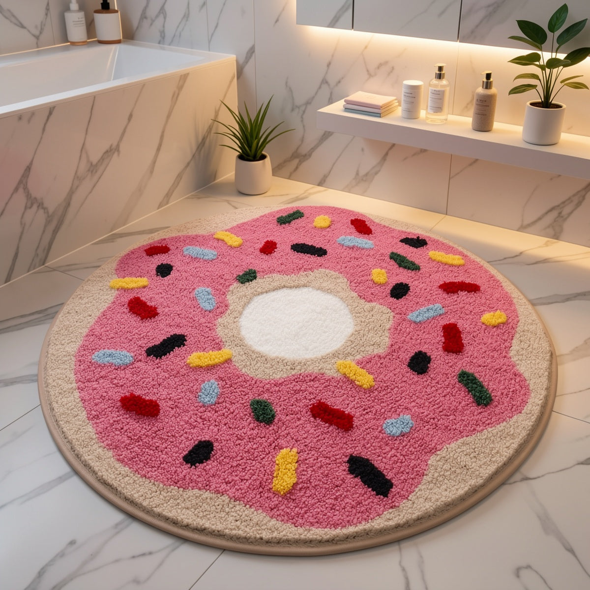 Tapis de bain rond en beignet rose glacé, Ø 60 ou 80 cm