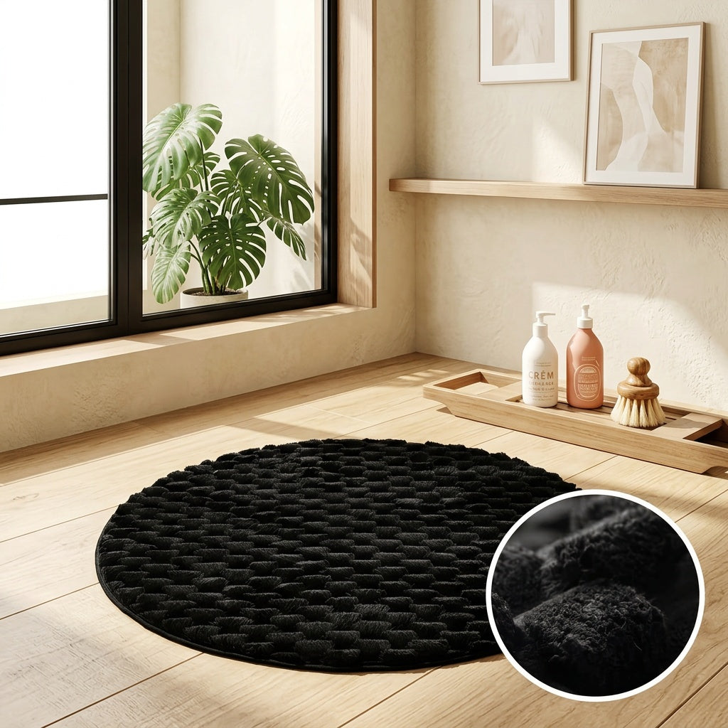 Tapis de bain rond noir mat à relief nuage, deux formats