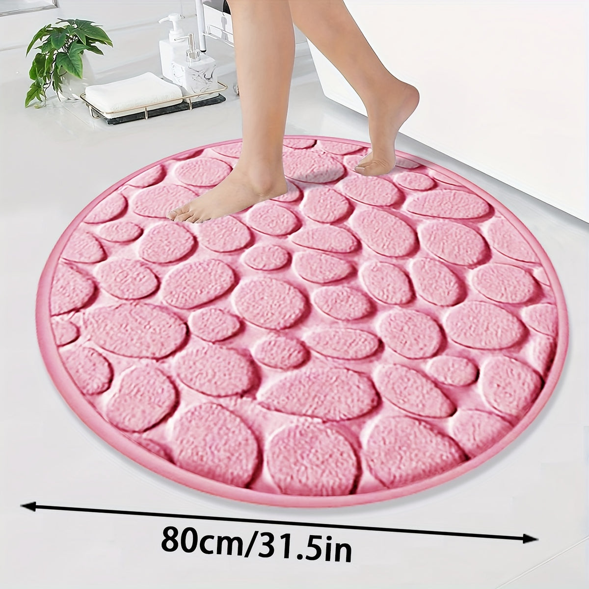 Tapis de bain rond beige à galets en relief, Ø 80 cm épais