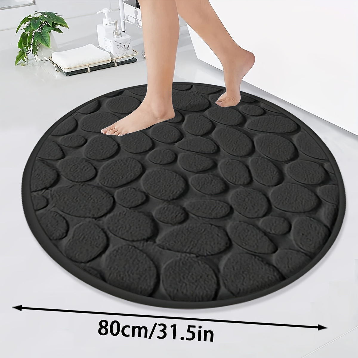 Tapis de bain rond beige à galets en relief, Ø 80 cm épais