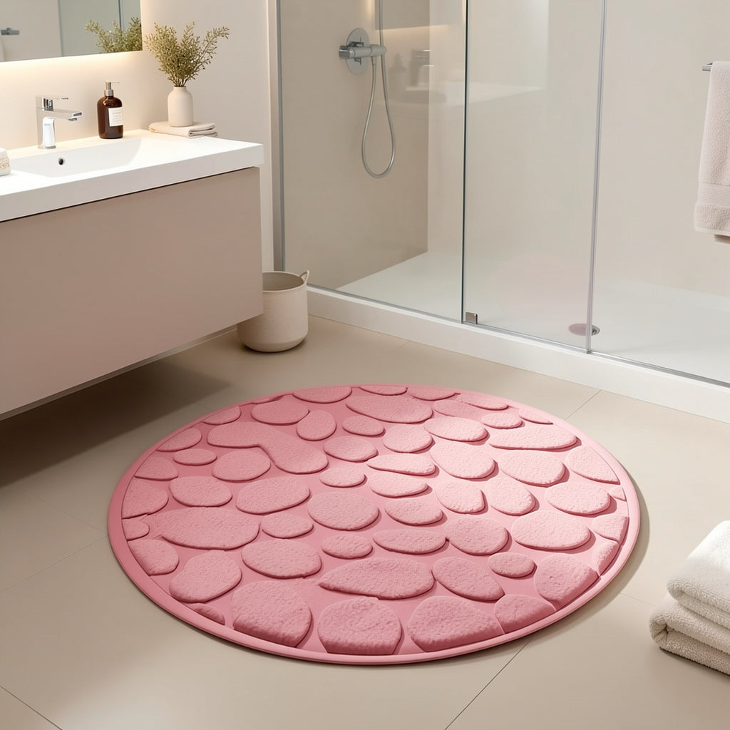 Tapis de bain rond beige à galets en relief, Ø 80 cm épais