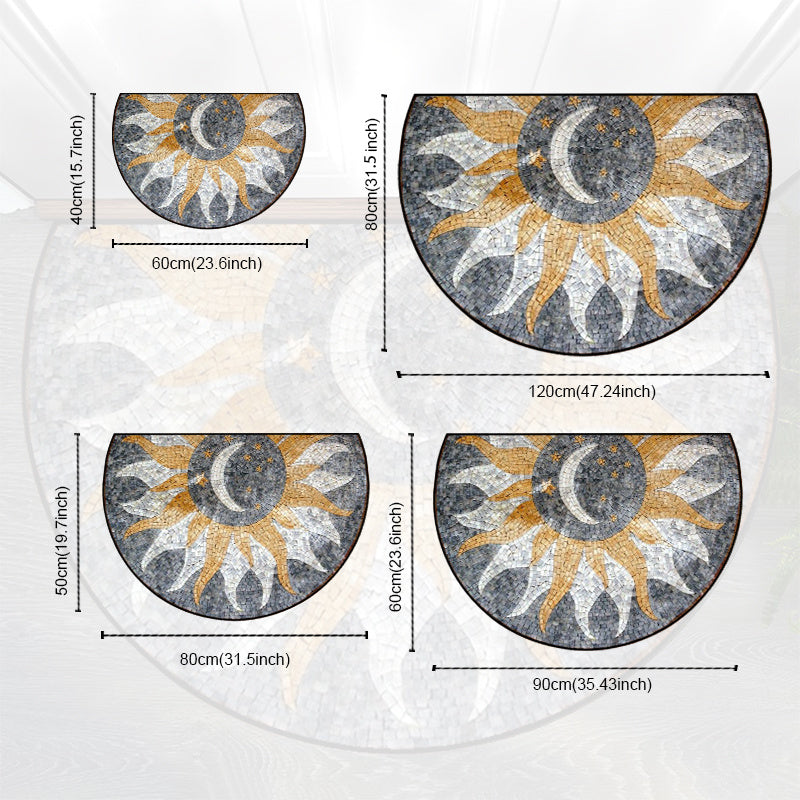 Tapis demi-cercle gris à mosaïque soleil et lune, 40 ou 50 cm
