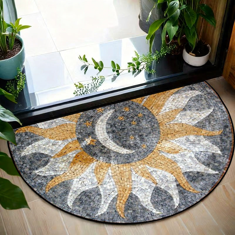 Tapis demi-cercle gris à mosaïque soleil et lune, 40 ou 50 cm