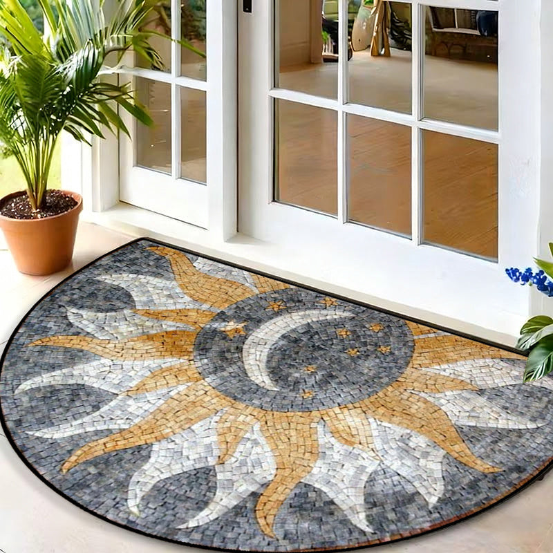 Tapis demi-cercle gris à mosaïque soleil et lune, 40 ou 50 cm