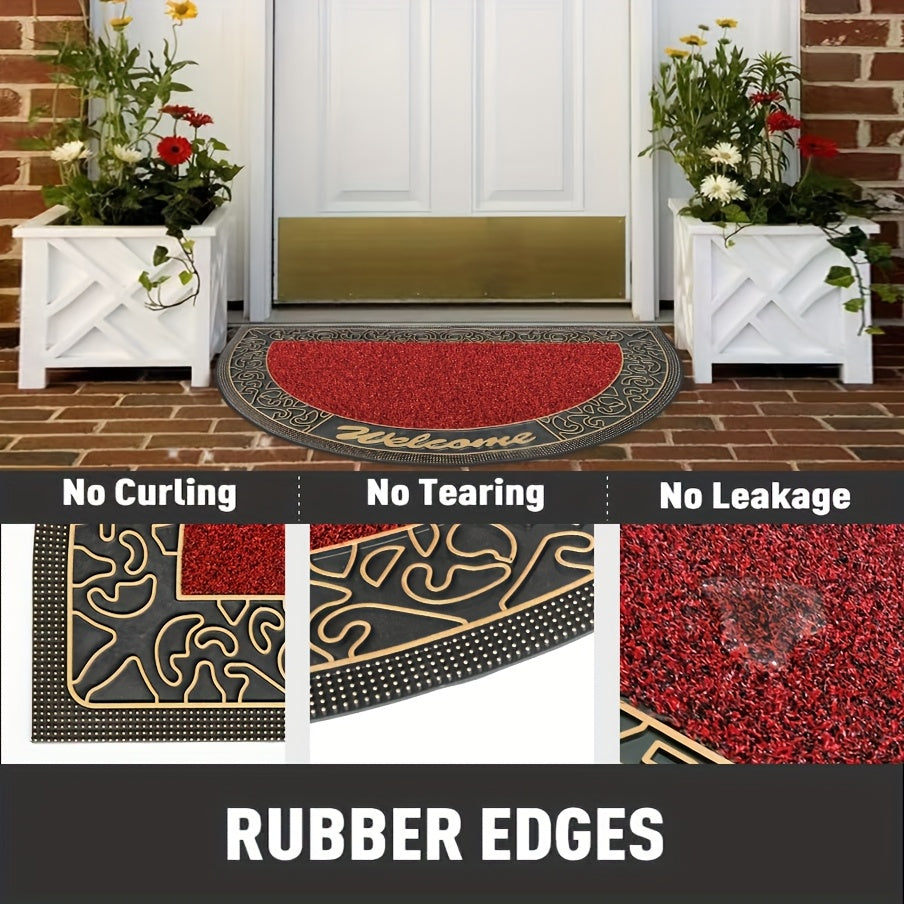 Tapis d'entrée demi-cercle rouge en boucles de PVC, 77 x 48 cm