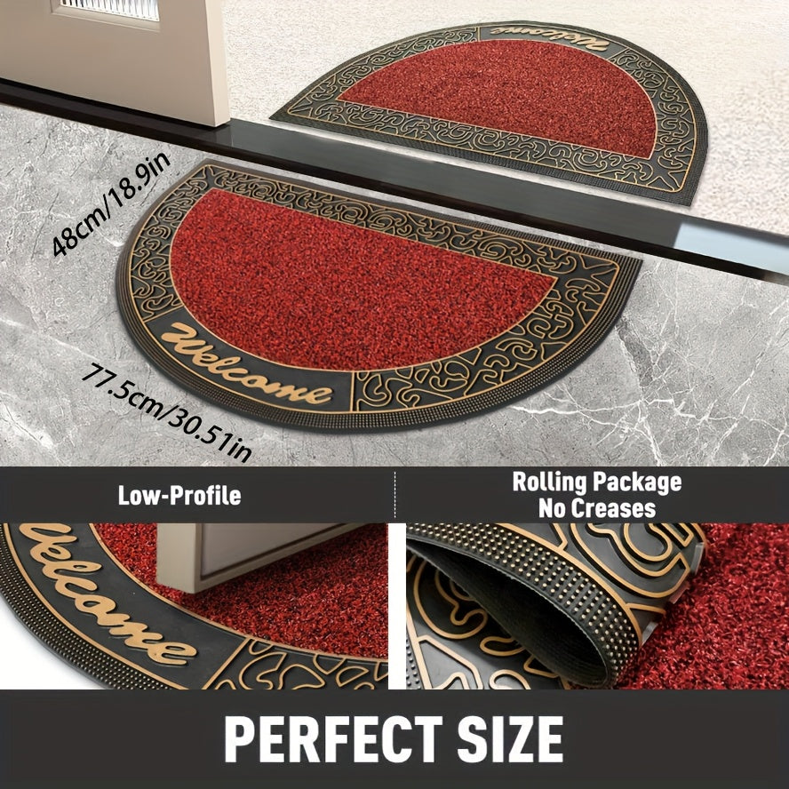 Tapis d'entrée demi-cercle rouge en boucles de PVC, 77 x 48 cm