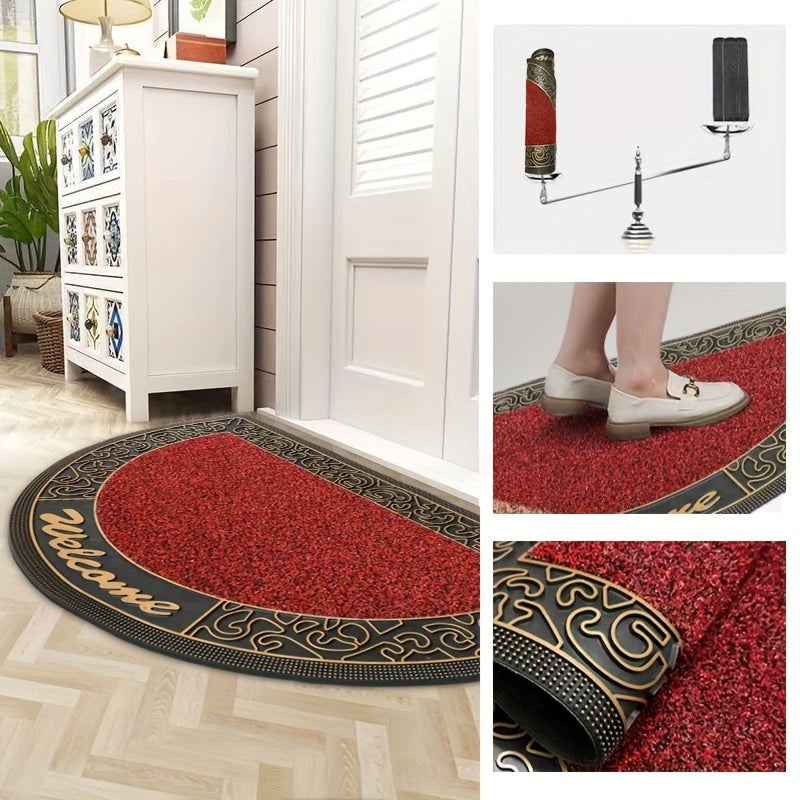 Tapis d'entrée demi-cercle rouge en boucles de PVC, 77 x 48 cm