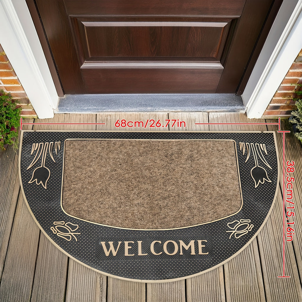 Tapis d'entrée demi-cercle PVC à cadre gratteur, 68 x 38,5 cm