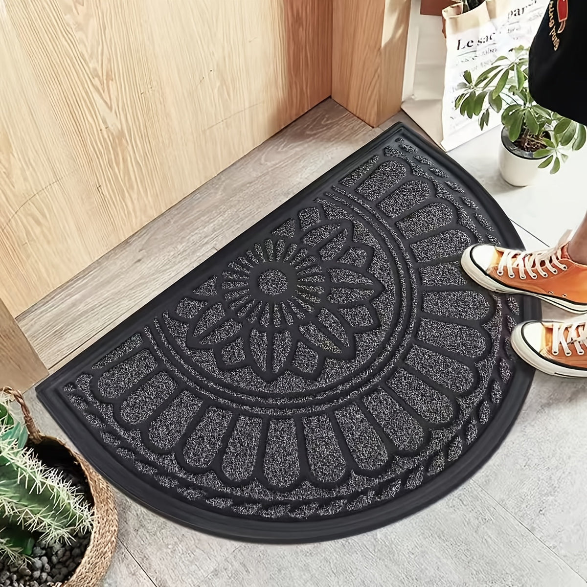Tapis de porte demi-cercle caoutchouc à rosace, trois teintes