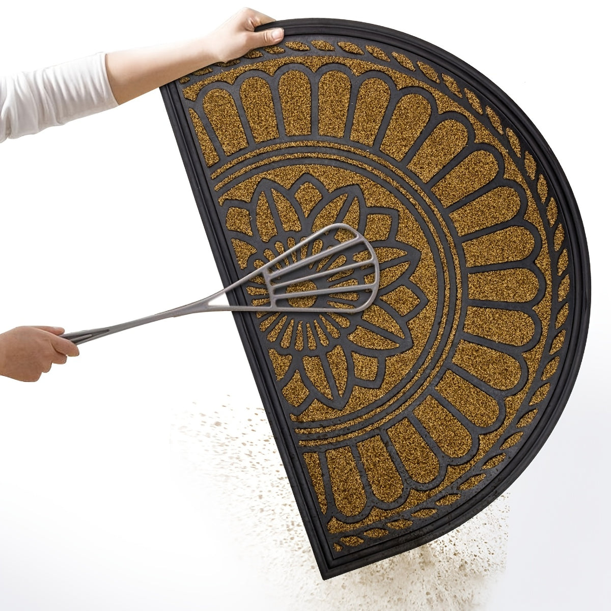 Tapis de porte demi-cercle caoutchouc à rosace, trois teintes
