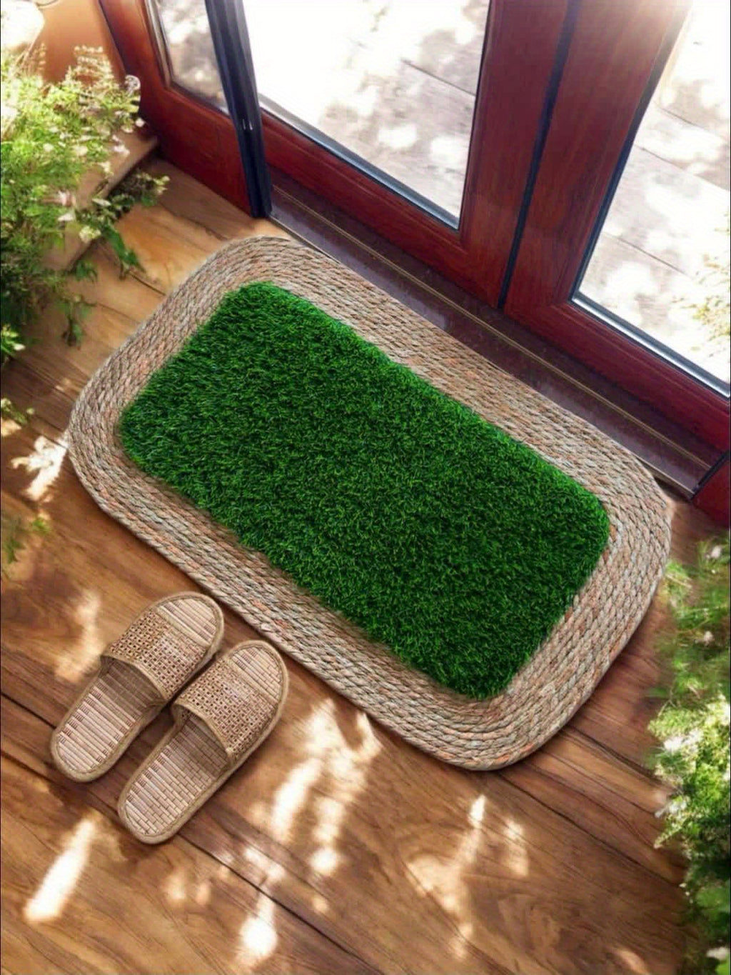 Tapis de porte en herbe artificielle, bordure tressée bohème