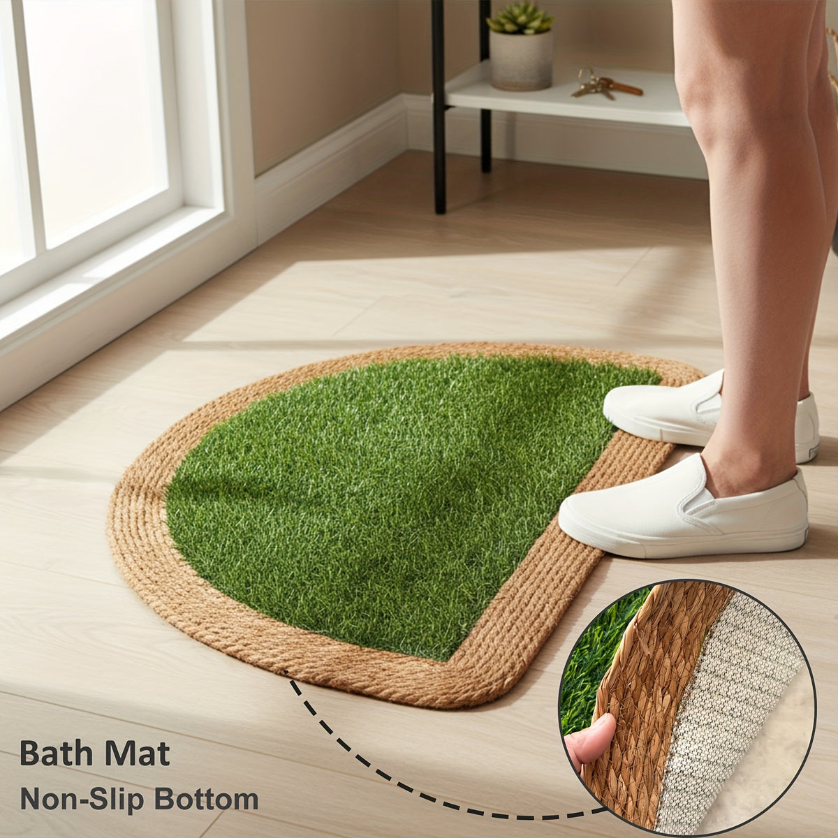 Tapis de porte en herbe artificielle, bordure tressée bohème